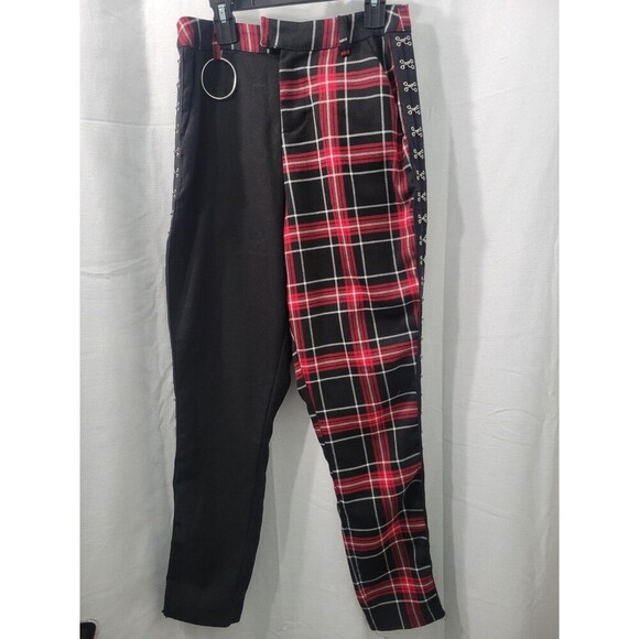 Hot Topic Womens Pant S Black Red Plaid Split Leg Punk Goth Pants Elastic Waist - Picture 3 of 13